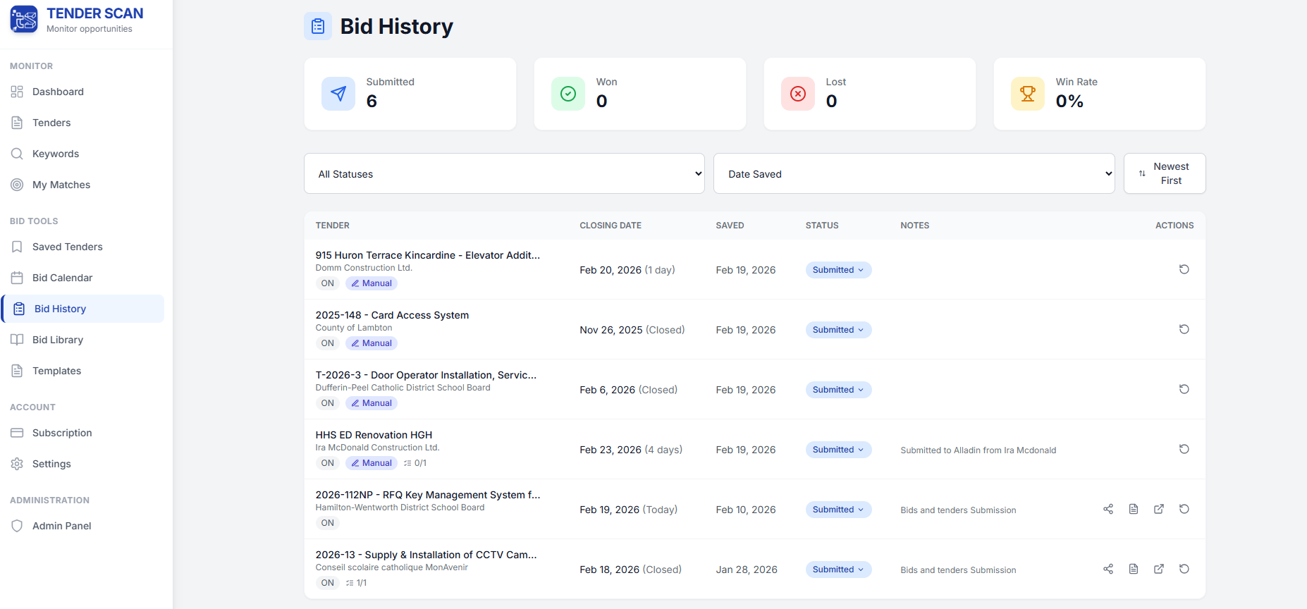 Bid History and Win Rate Tracking