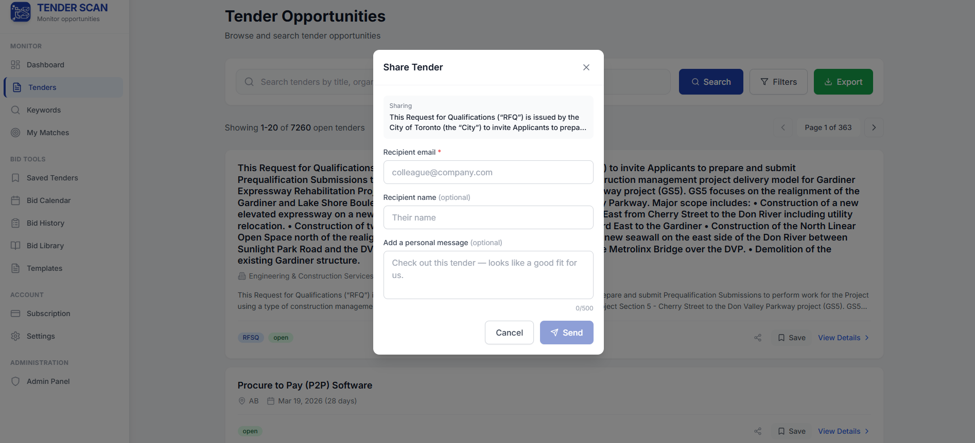 Tender Sharing via Email